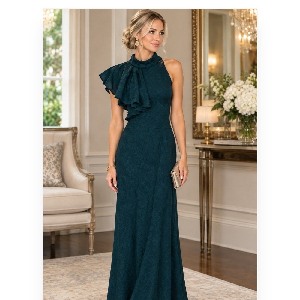 Lulus Teal Blue Ruffle One Shoulder High Neck Maxi Dress Formal Gown NEW